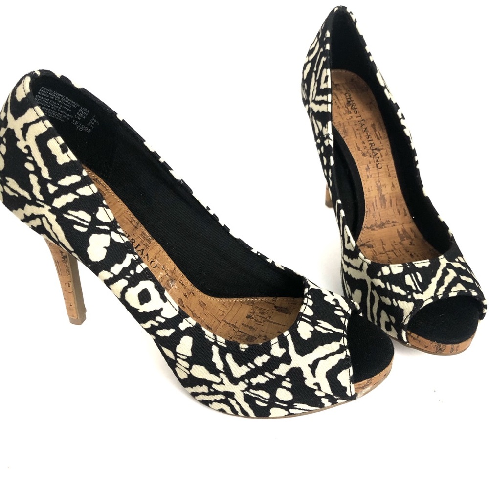 Christian Soriano Shoes Batik Print Aztec Cork Heel Black/Off-White Size…